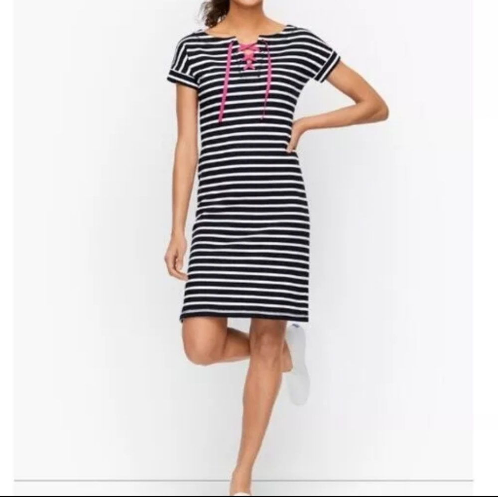 Talbots Womens M Cotton Terry Dress Navy Stripe Pink Tie Dolman Nautical Beach